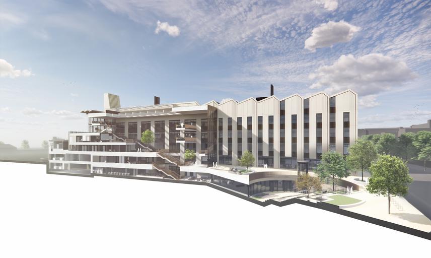 Architect's rendering of a section view through the Life and Mind Building.