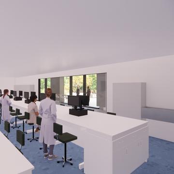 Architect's rendering of a teaching laboratory inside the Life and Mind Building.